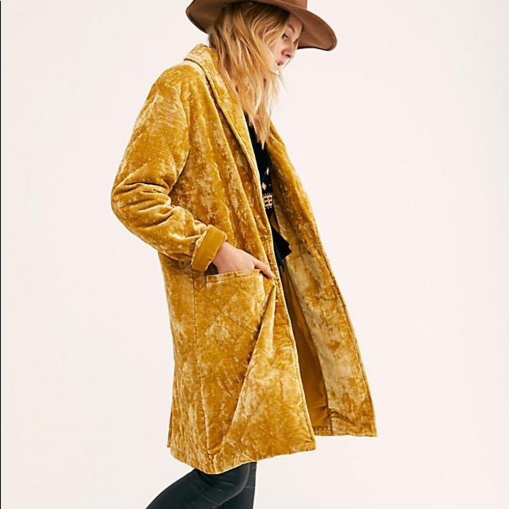 ISO Free People Heart’s Desire Velvet Coat Duster Yellow Gold Quilted Sweater